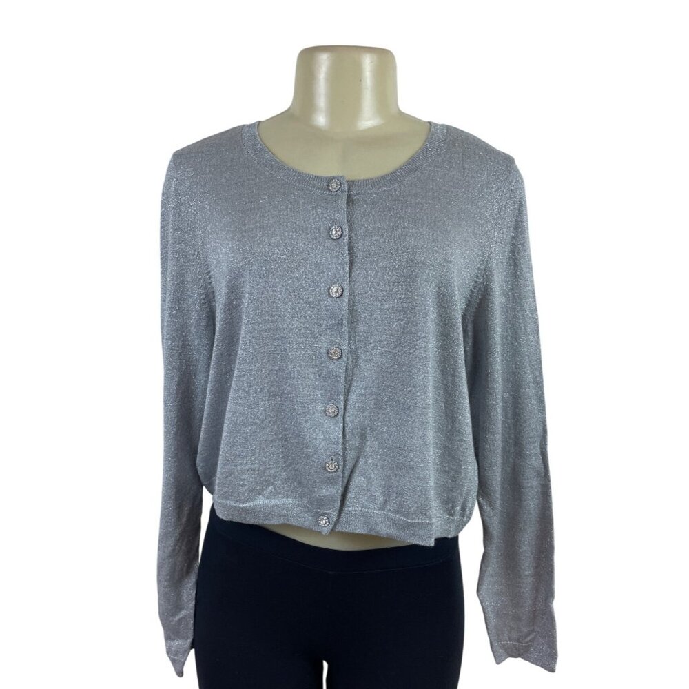 Talbots Woman Silver Metallic Button-Up Cardigan Sweater Sz 1X